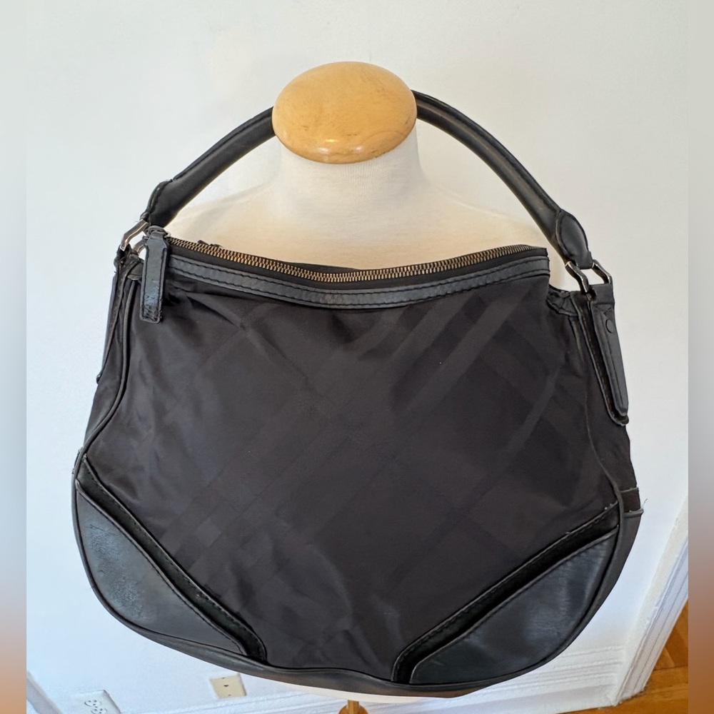 Burberry Black Nova Check Nylon Leather Trim Shoulder Bag